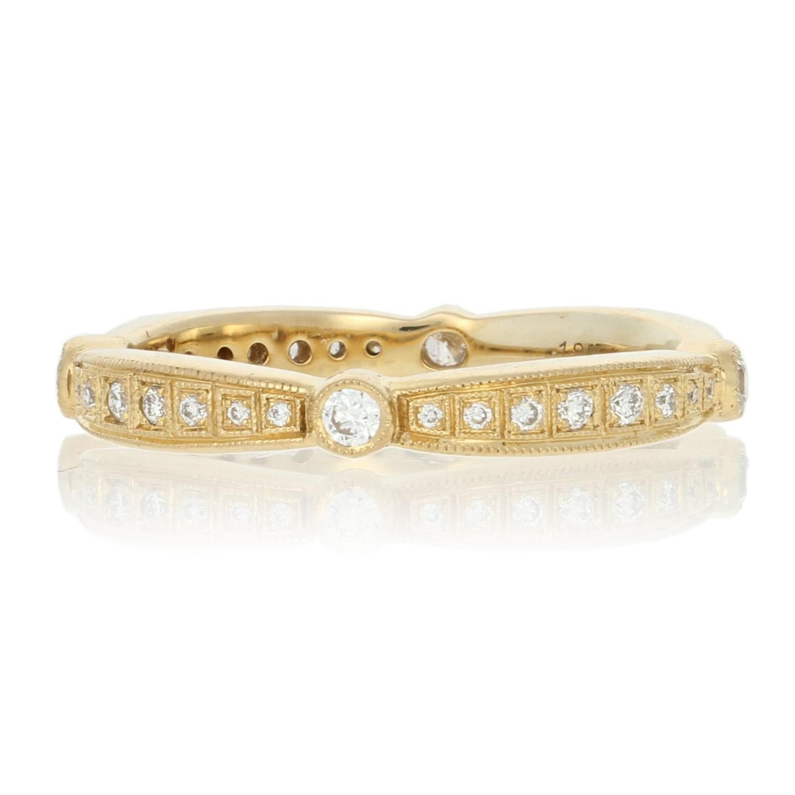 Size: 6 1/2

Brand: Beverly K.

Metal Content: Guaranteed 18k Gold as stamped

Stone Information: 
Natural Diamonds  
Clarity: VS1 - VS2 
Color: F   
Cut: Round Brilliant
Total Carats: 0.25ctw

Style: Eternity Wedding Band with Diamonds
Face Height