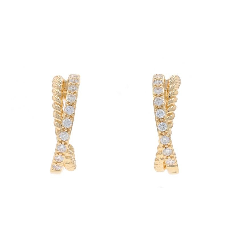 Metal Content: 14k Yellow Gold

Stone Information

Natural Diamonds
Carat(s): .22ctw
Cut: Round Brilliant
Color: G
Clarity: VS2 - SI1

Total Carats: .22ctw

Style: Half-Hoop
Fastening Type: Butterfly Closures
Theme: X

Measurements

Tall: 5/8