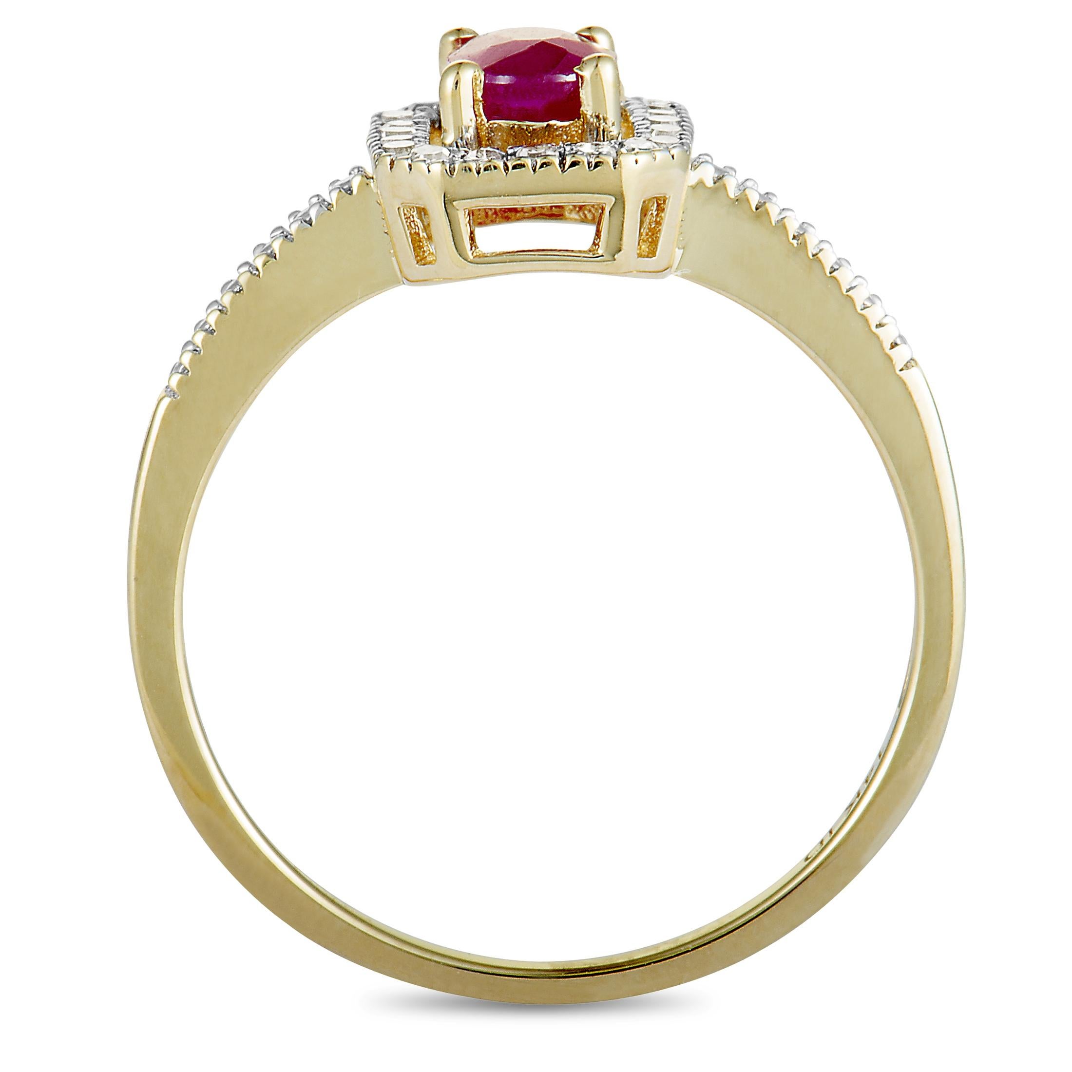 This ring is made of 14K yellow gold and set with a ruby and with diamonds that weigh 0.12 carats in total. The ring weighs 2.3 grams, boasting band thickness of 1 mm and top height of 6 mm, while top dimensions are 18 by 9 mm.
 
 Offered in brand