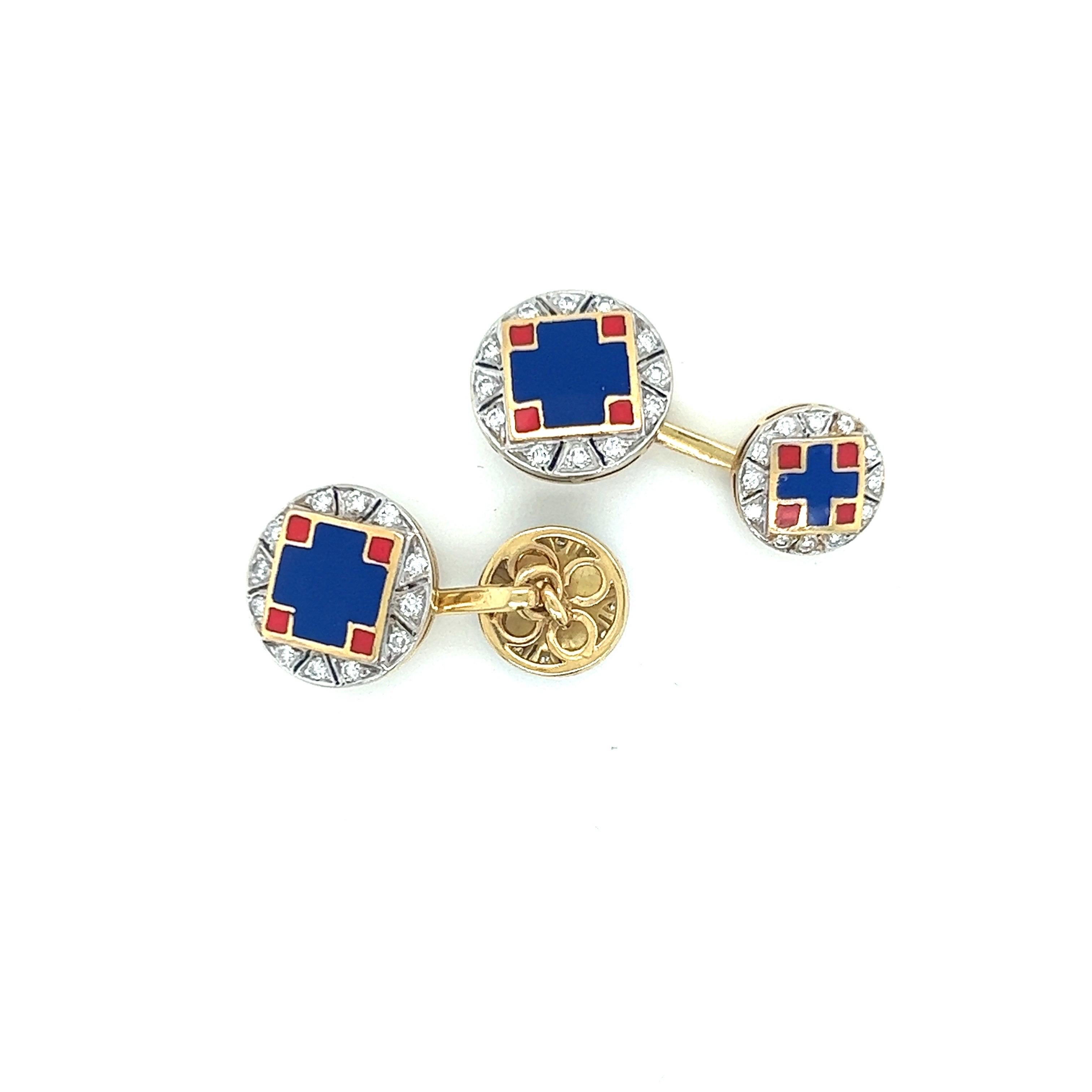 Round Cut Yellow Gold Diamonds Red and Blue Enamel Cufflinks For Sale