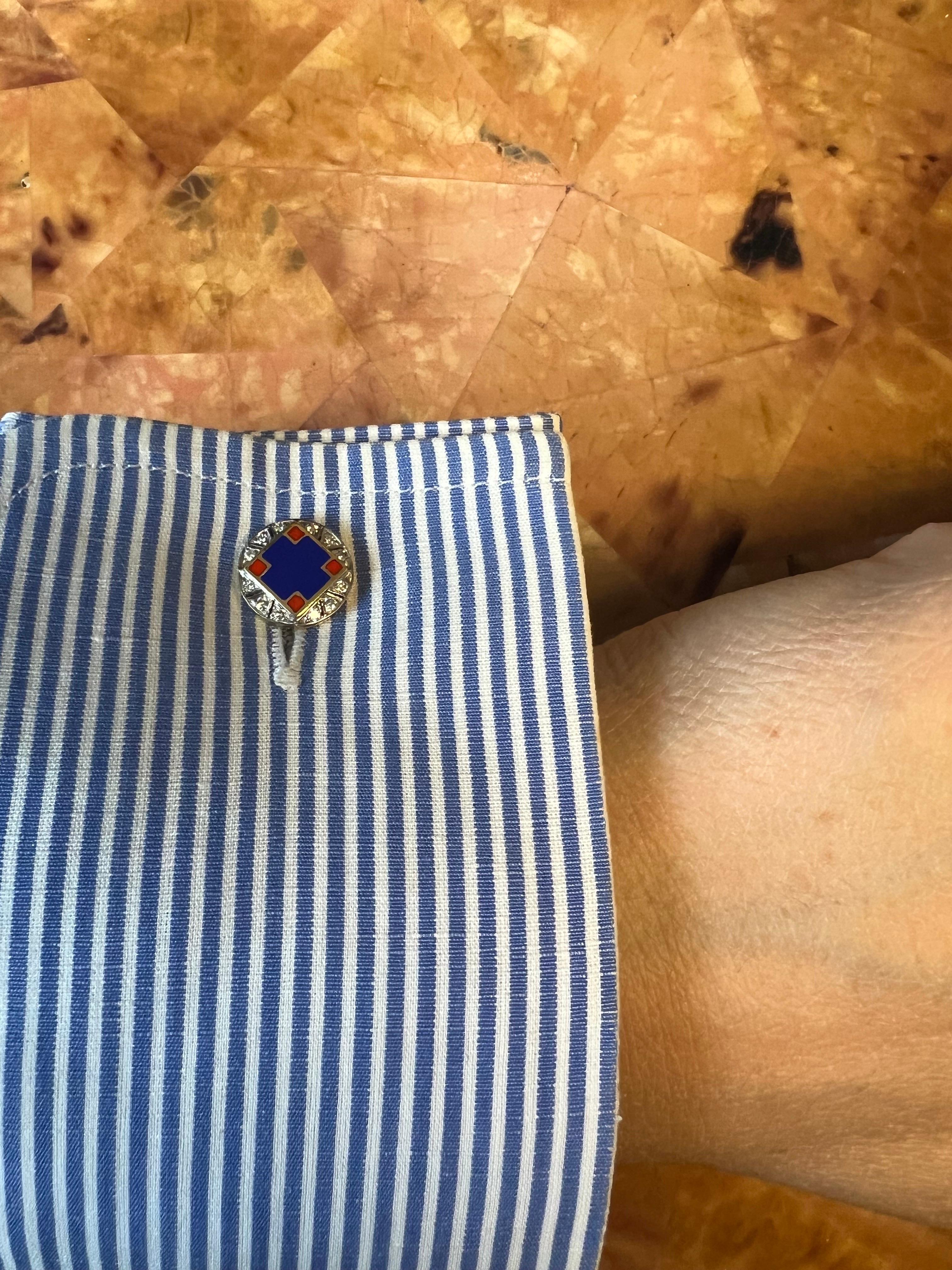 Women's or Men's Yellow Gold Diamonds Red and Blue Enamel Cufflinks For Sale
