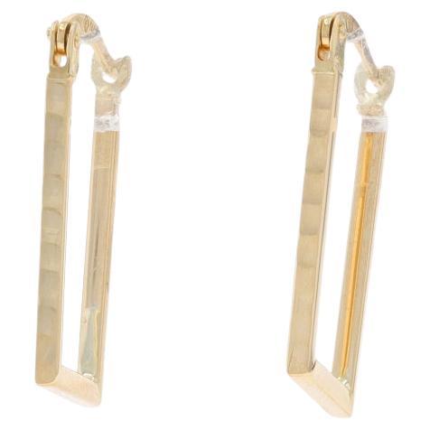 Yellow Gold Dimpled Rectangular Hoop Earrings - 14k Geometric Pierced For Sale