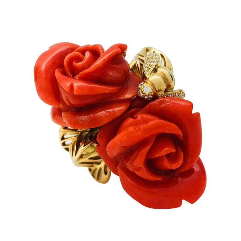 Yellow Gold Dior Ring, "Pré Catelan" Collection, Red Coral and Diamonds at  1stDibs