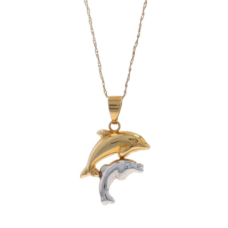 Metal Content: 10k Yellow Gold

Chain Style: Prince of Wales
Necklace Style: Chain
Fastening Type: Spring Ring Clasp
Theme: Dolphin Duo, Mama Cow & Baby Calf

Measurements

Item 1: Pendant
Tall (from stationary bail): 23/32