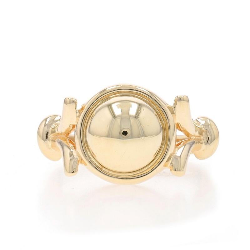 Size: 5
Sizing Fee: Up 3 sizes for $35 or Down 1 size for $35

Metal Content: 14k Yellow Gold

Style: Dome Statement

Measurements

Face Height (north to south): 13/32