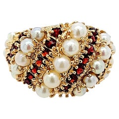 Yellow Gold Domed Pearl and Garnet Ring