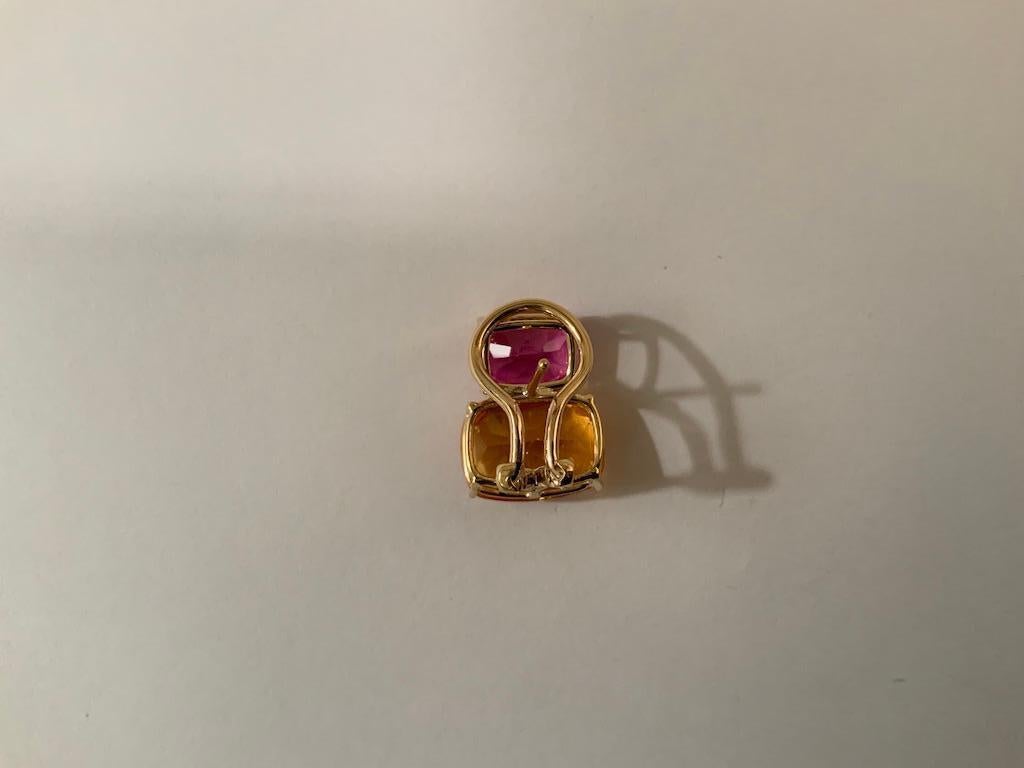 Modern Yellow Gold Double Cushion Earrings with Pink Topaz and Orange Citrine