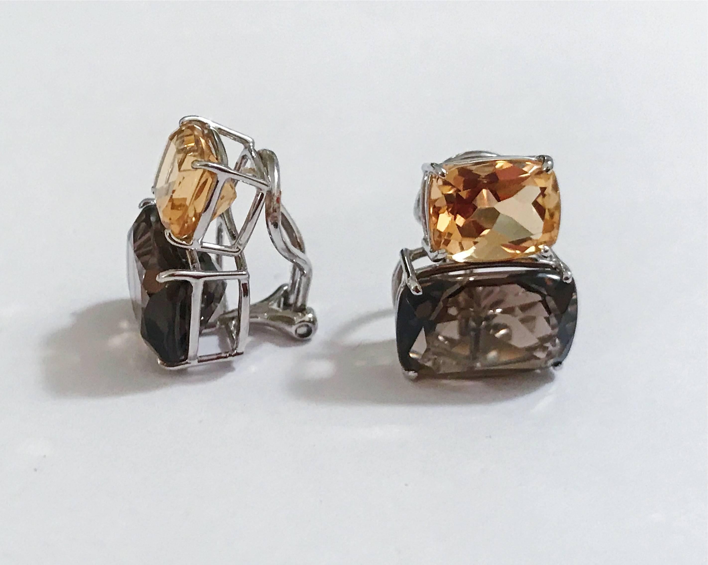 Yellow Gold Double Cushion Earrings with Pink Topaz and Orange Citrine In New Condition In New York, NY