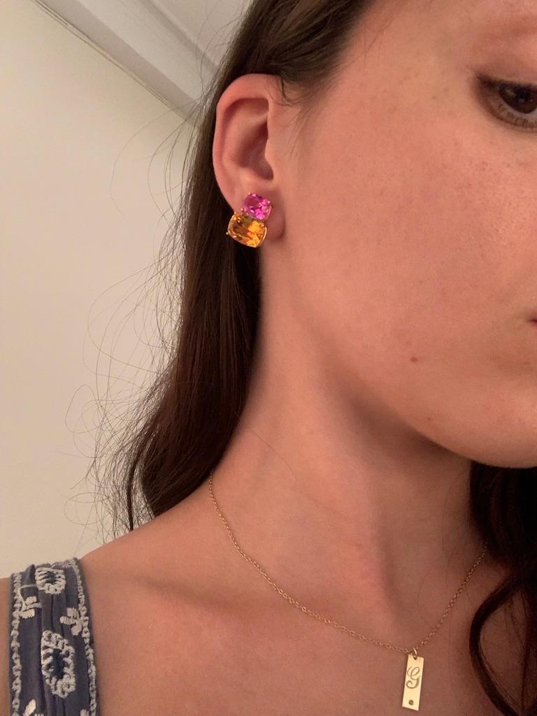 Women's Yellow Gold Double Cushion Earrings with Pink Topaz and Orange Citrine