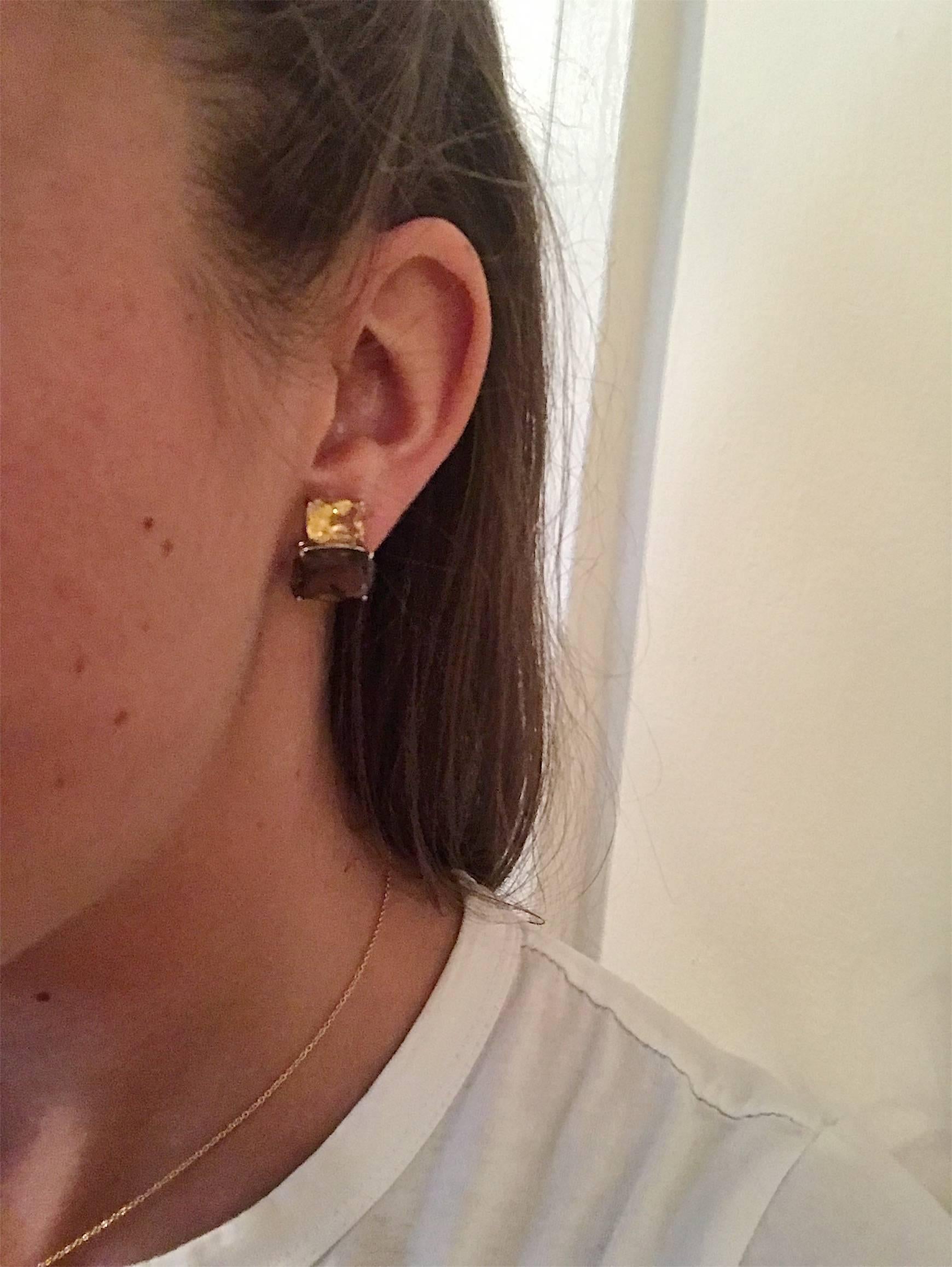 Yellow Gold Double Cushion Earrings with Pink Topaz and Orange Citrine 1