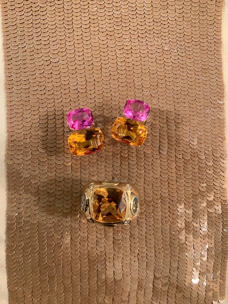 Yellow Gold Double Cushion Earrings with Pink Topaz and Orange Citrine In New Condition In New York, NY