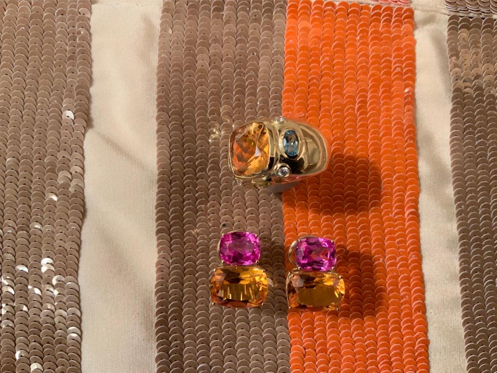 Women's Yellow Gold Double Cushion Earrings with Pink Topaz and Orange Citrine For Sale