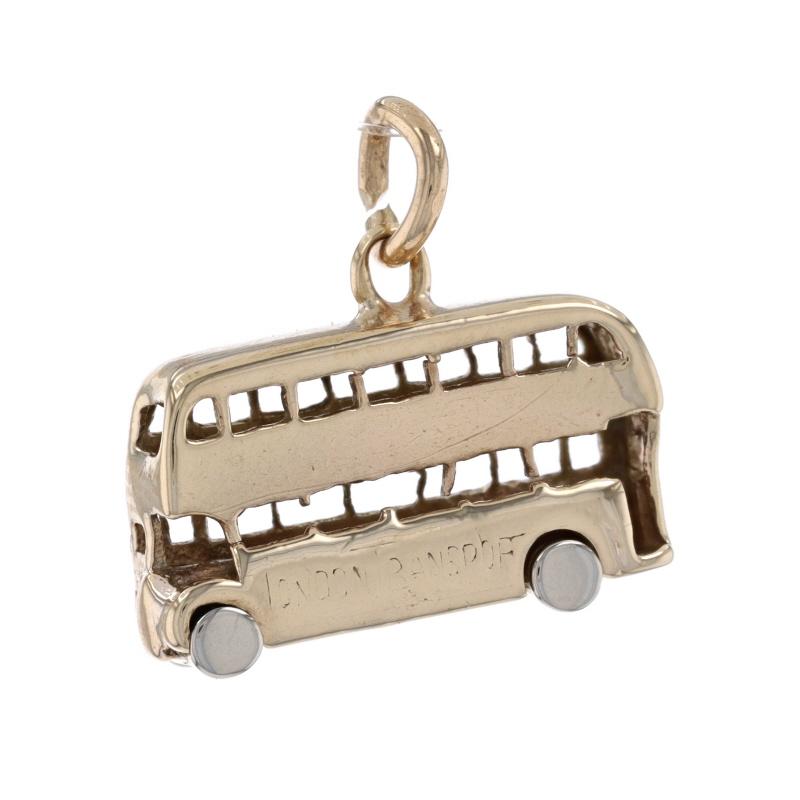 Metal Content: 9k Yellow Gold & 9k White Gold

Theme: Double-Decker Bus, Transportation 
Features:  The wheels move

Measurements

Tall (from stationary bail): 1/2