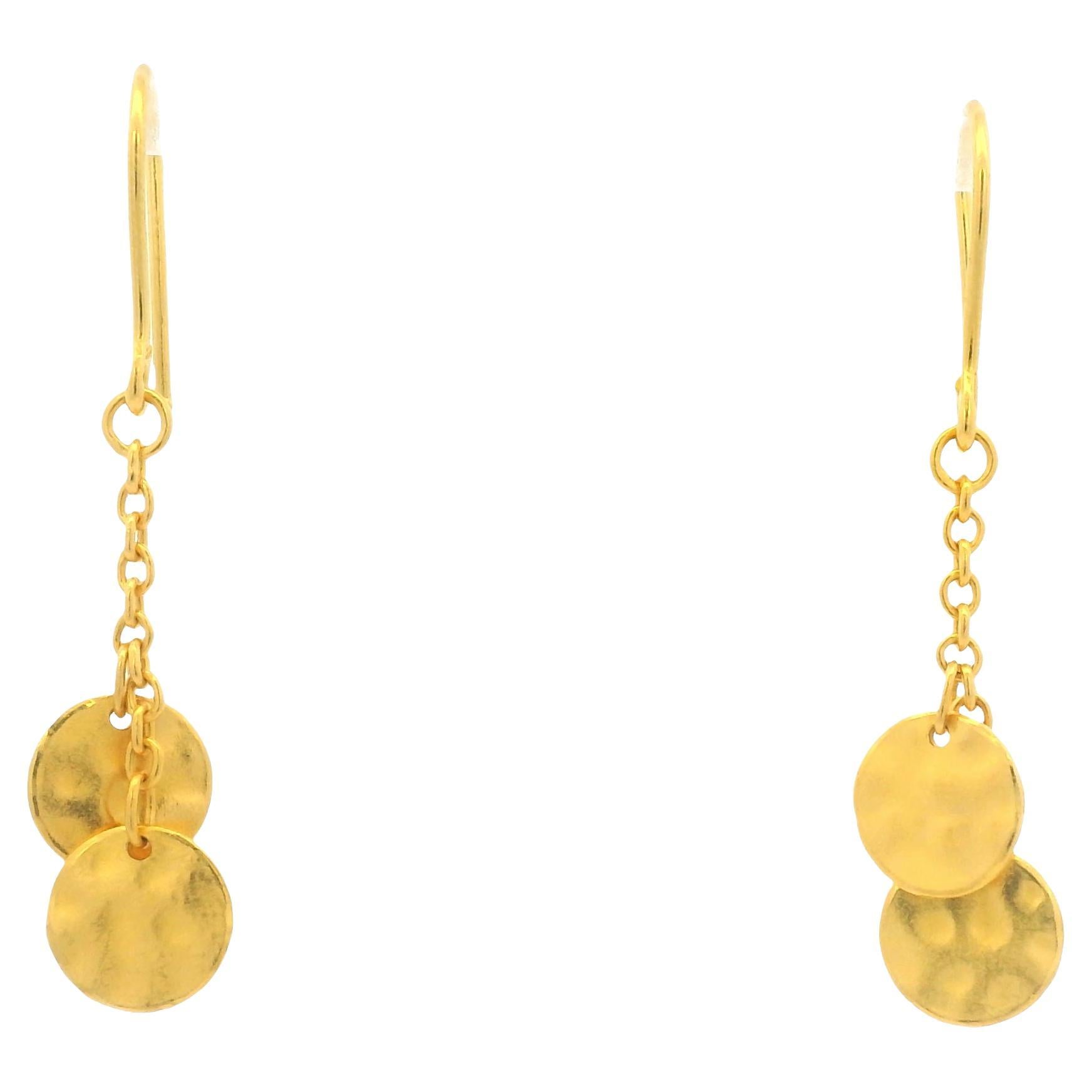 Pendientes Gota Círculo Plano Doble Martillado Oro Amarillo 24 Quilates En Stock