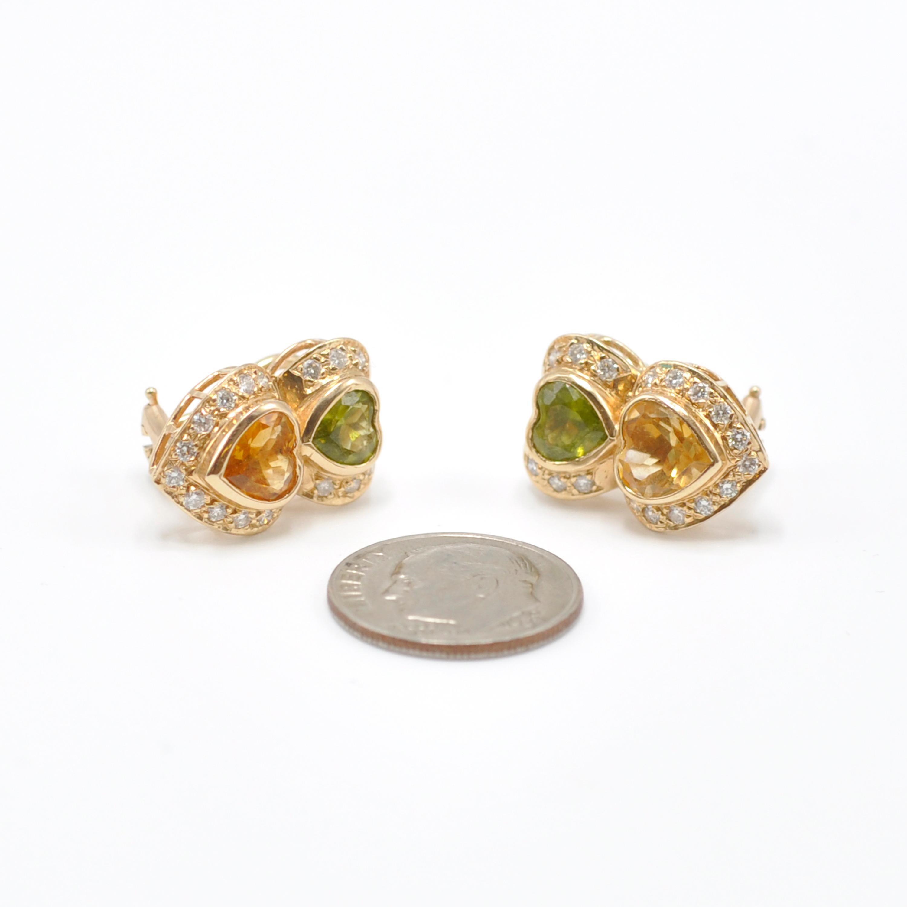 Yellow Gold Double Heart Shaped Peridot Citrine and Diamond Earrings In Good Condition In Dallas, TX