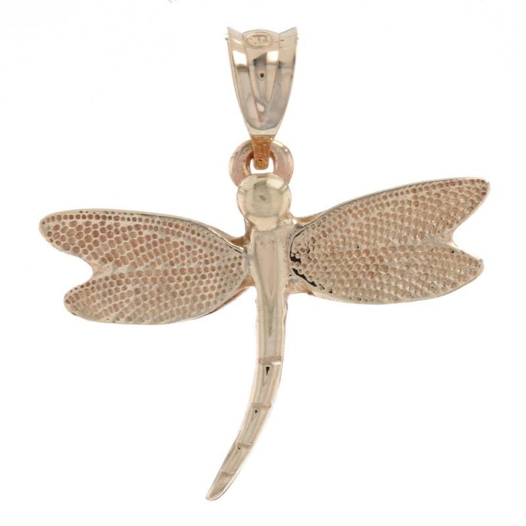 Solid 14K Yellow Gold and Rose Gold Milgrain Dragonfly Pendant with Texture 