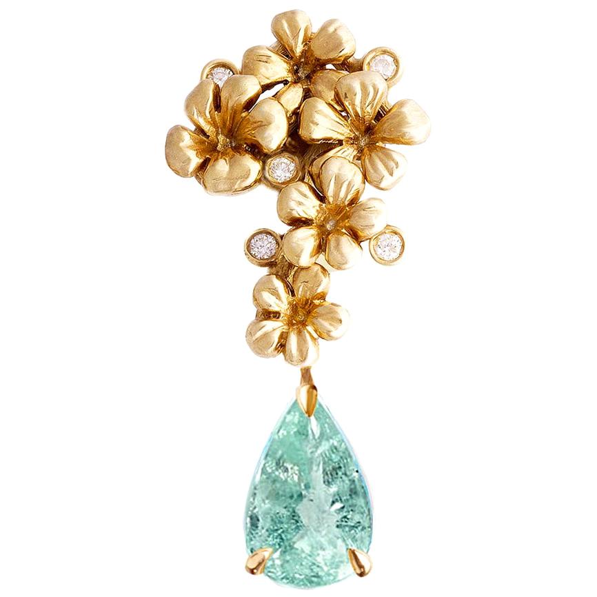 Yellow Gold Drop Brooch with Diamonds and Neon Paraiba Tourmaline For Sale