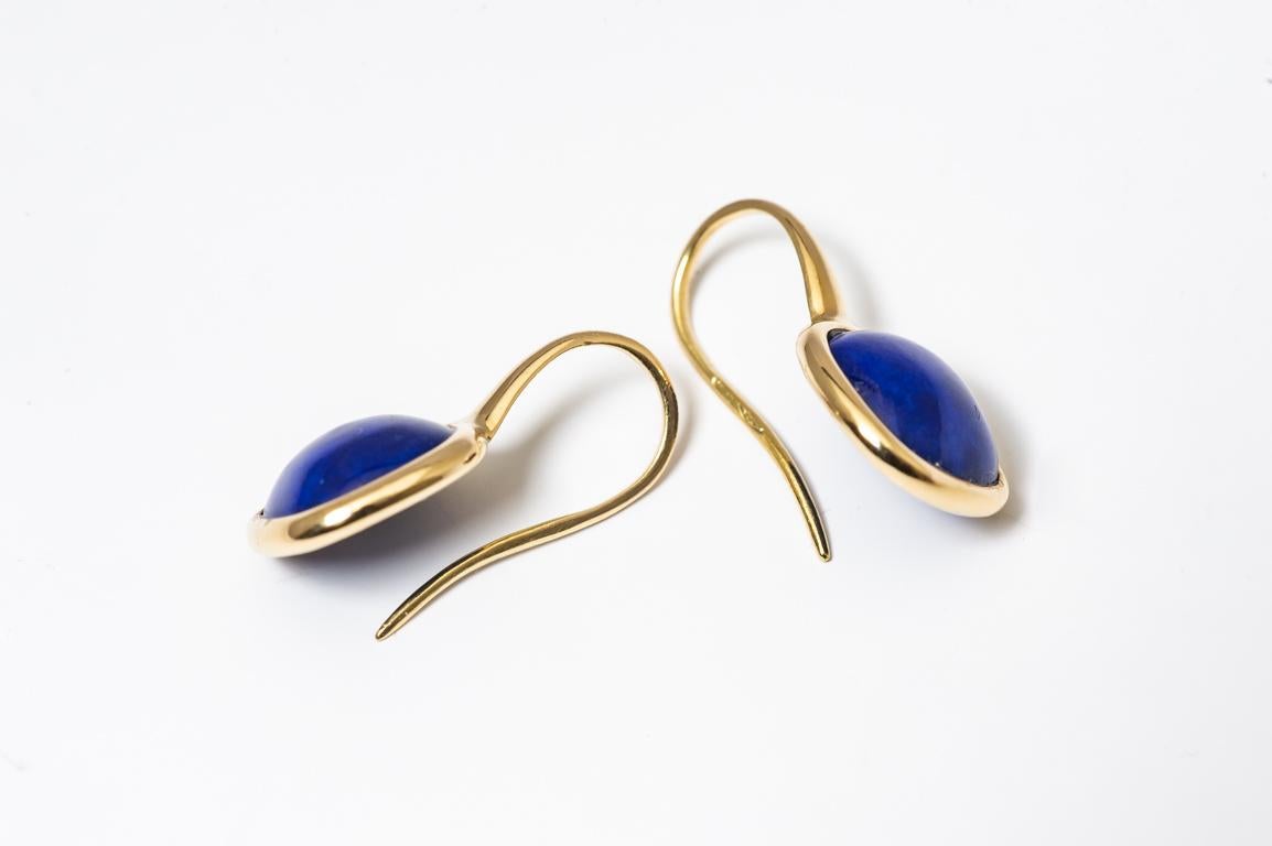 Yellow Gold Drop Earrings Lapis-Lazuli Cabochon In Excellent Condition In Vannes, FR
