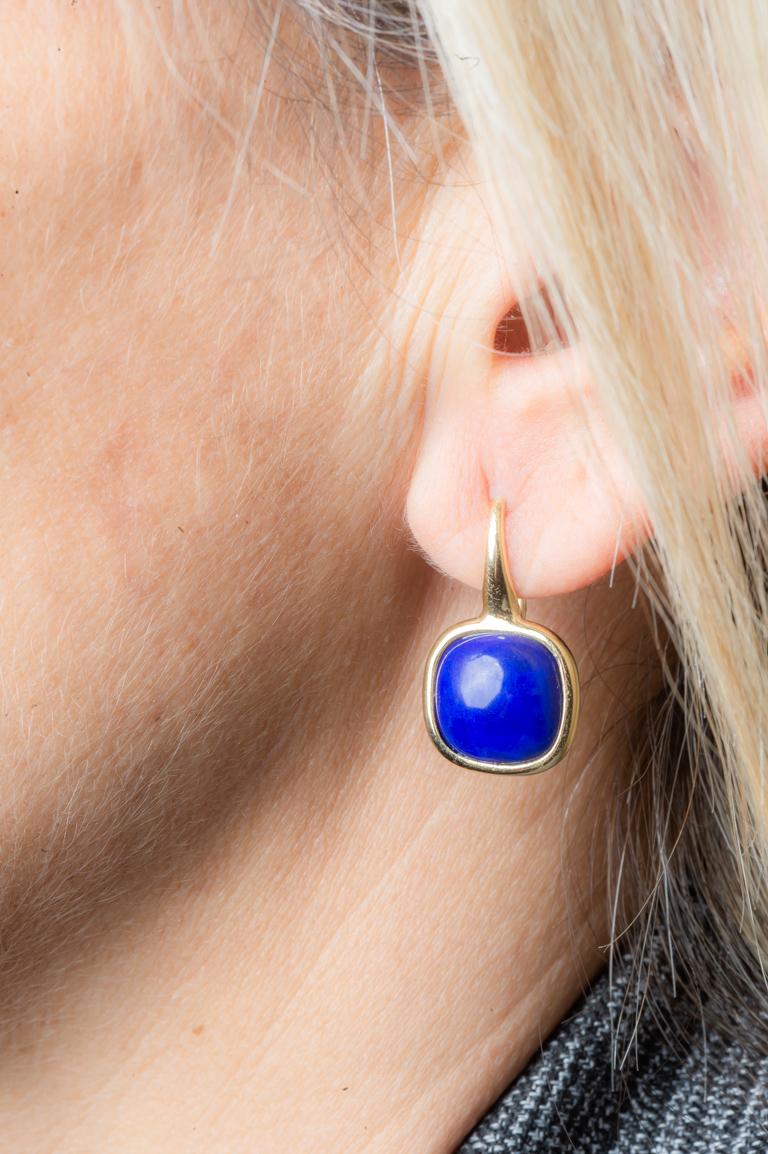 Arts and Crafts Yellow Gold Drop Earrings Lapis-Lazuli Cabochon