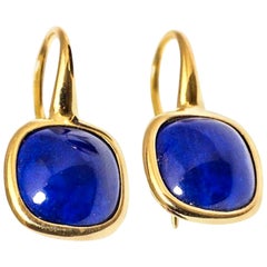 Yellow Gold Drop Earrings Lapis-Lazuli Cabochon