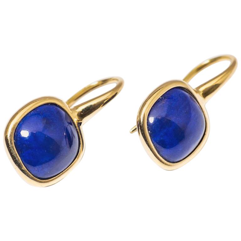 Yellow Gold Drop Earrings Lapis-Lazuli Cabochon