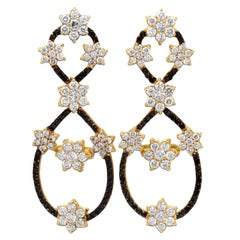 Yellow Gold Drop Earrings with Black and White Diamond Clusters Stambolian