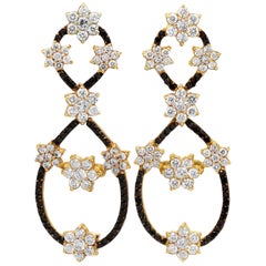 Yellow Gold Drop Earrings with Black and White Diamond Clusters Stambolian