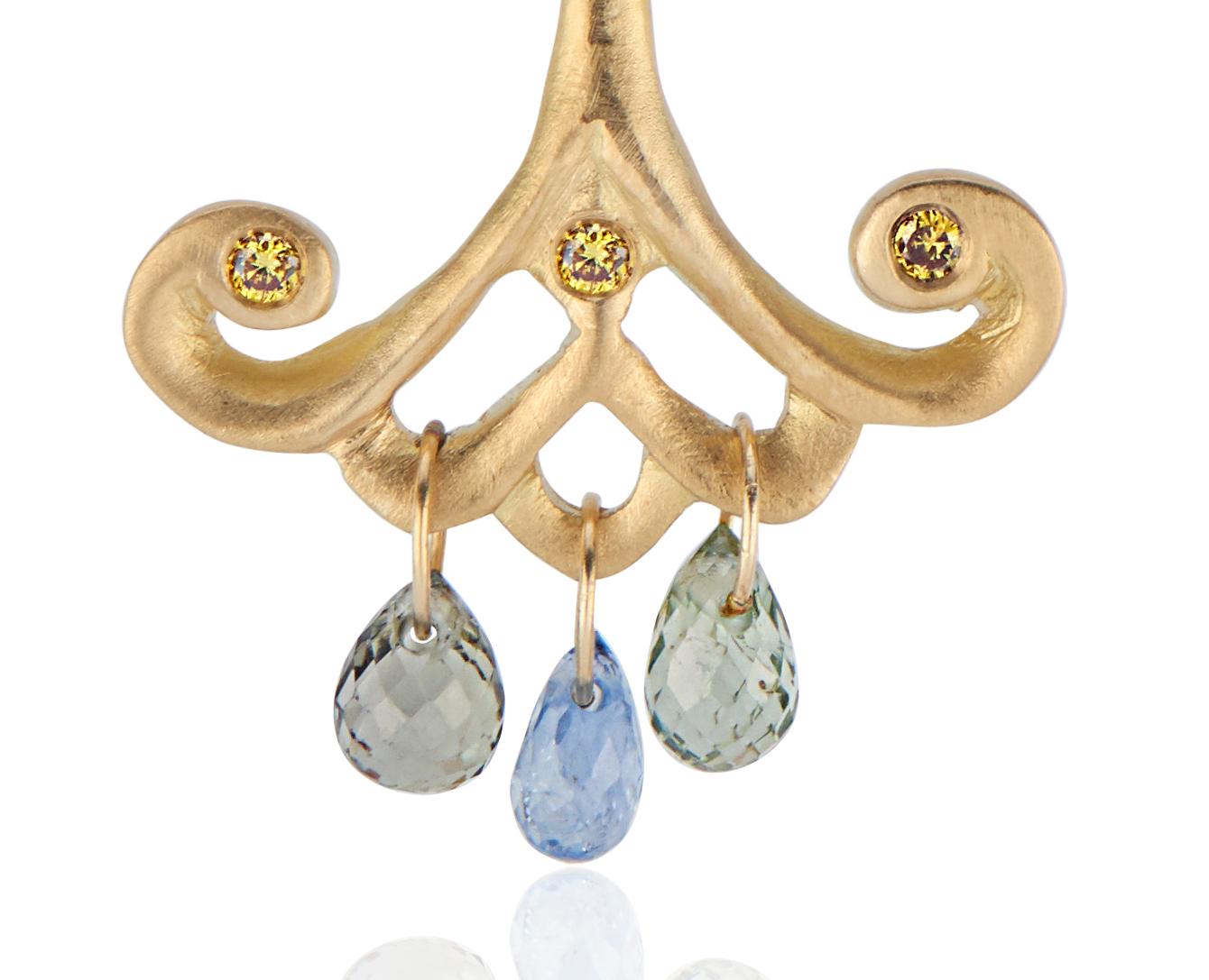 Contemporary Yellow Gold Drop Earrings with Blue Sapphire Teardrops and Canary Diamonds For Sale