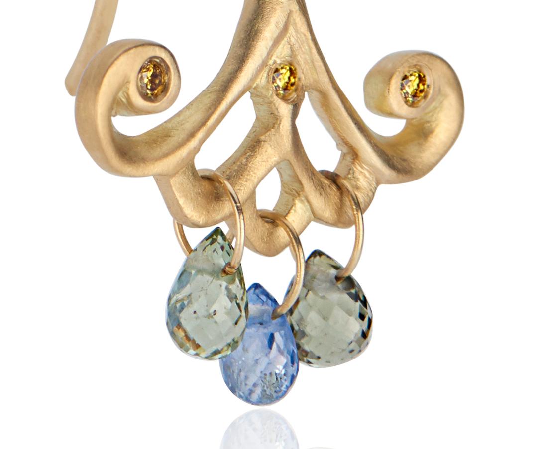 Yellow Gold Drop Earrings with Blue Sapphire Teardrops and Canary Diamonds In New Condition For Sale In New York, NY
