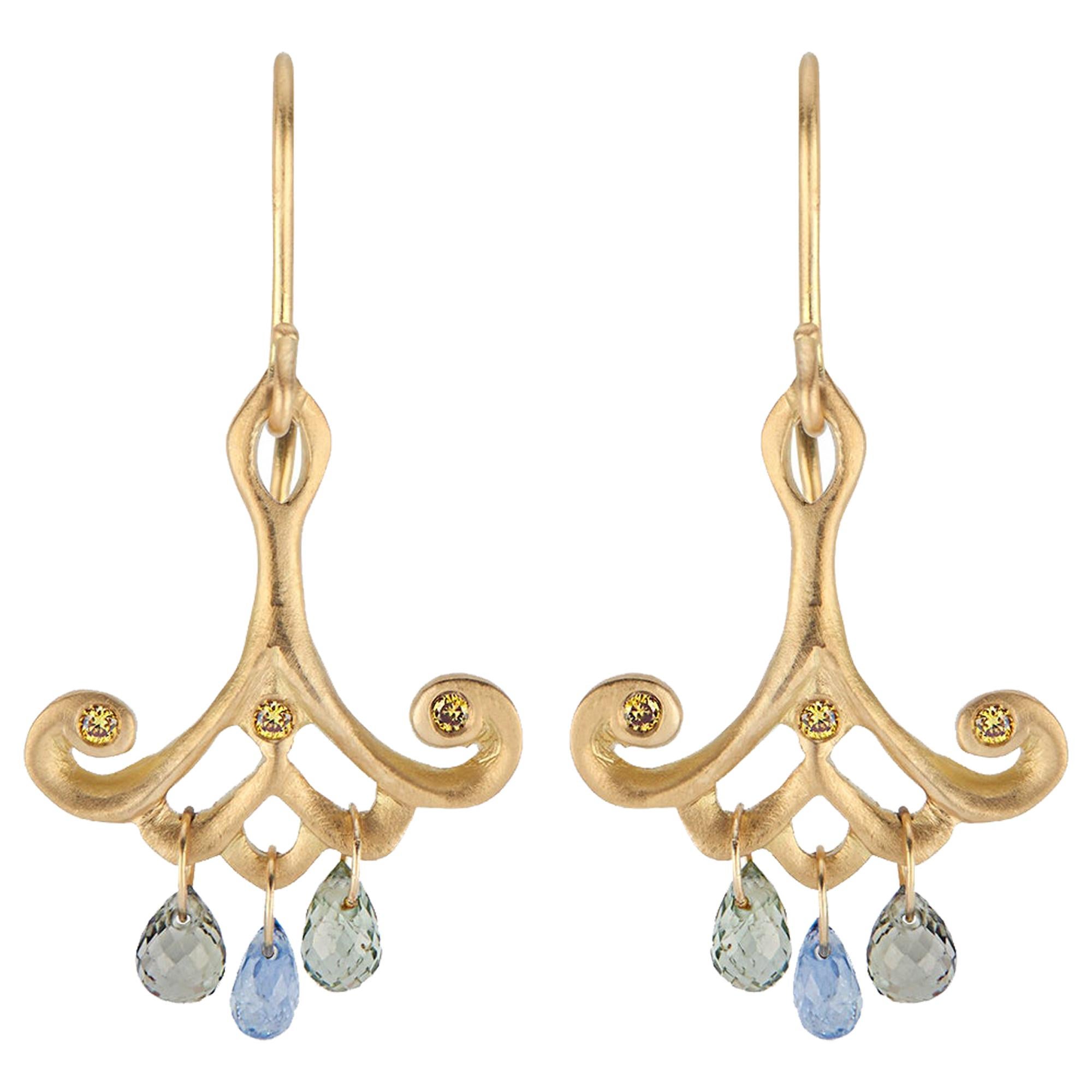 Yellow Gold Drop Earrings with Blue Sapphire Teardrops and Canary Diamonds For Sale