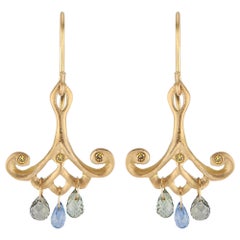 Yellow Gold Drop Earrings with Blue Sapphire Teardrops and Canary Diamonds