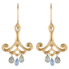 Yellow Gold Drop Earrings with Blue Sapphire Teardrops and Canary Diamonds