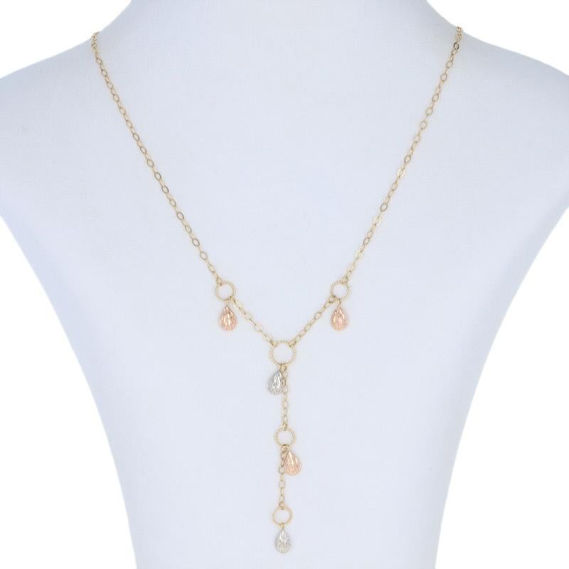 Metal Content: Guaranteed 14k Gold as stamped (yellow, white, and rose)
Necklace Style: Lariat
Chain Style: Flat Cable
Measurements: length 17