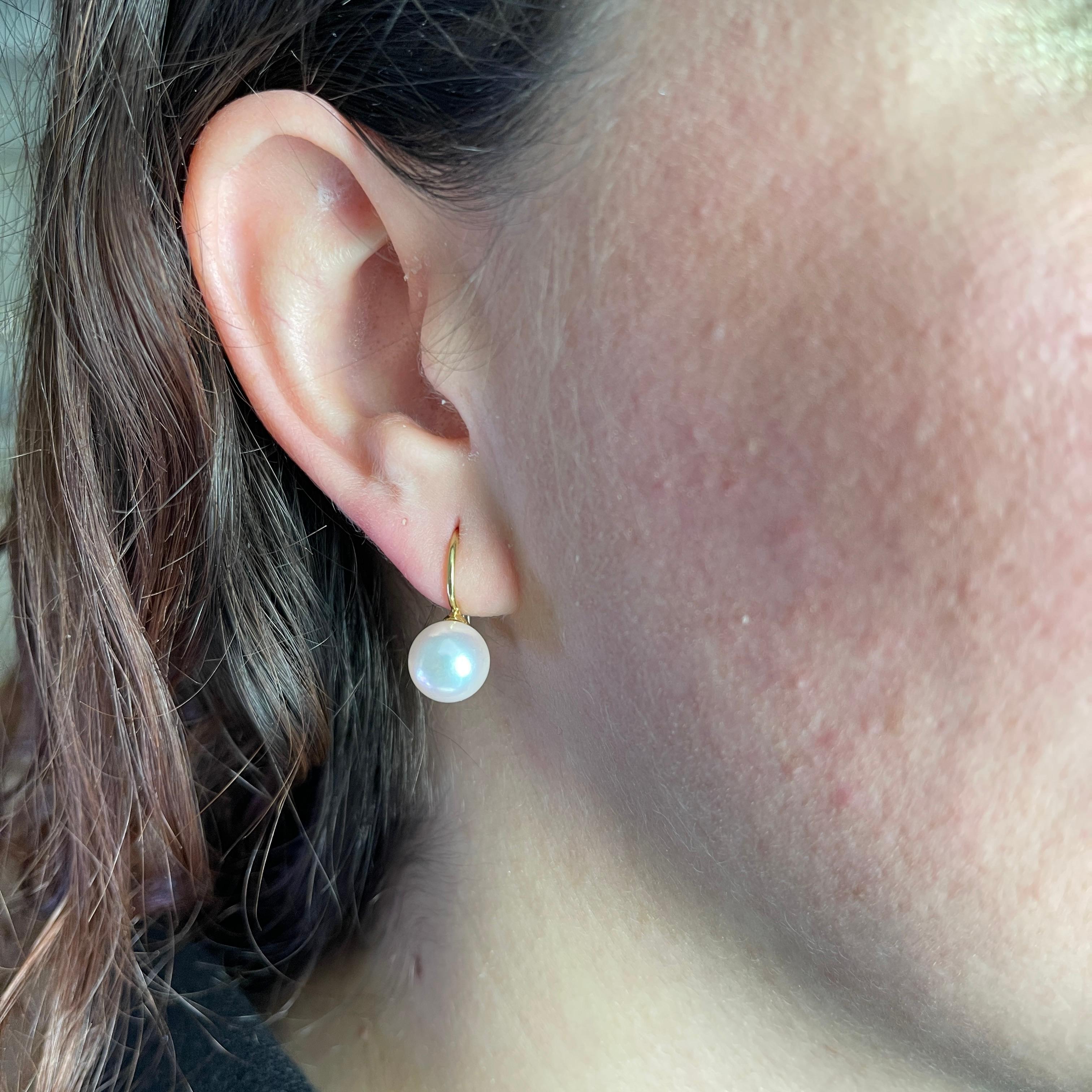 Women's or Men's Yellow Gold Drop Pearl Earrings For Sale
