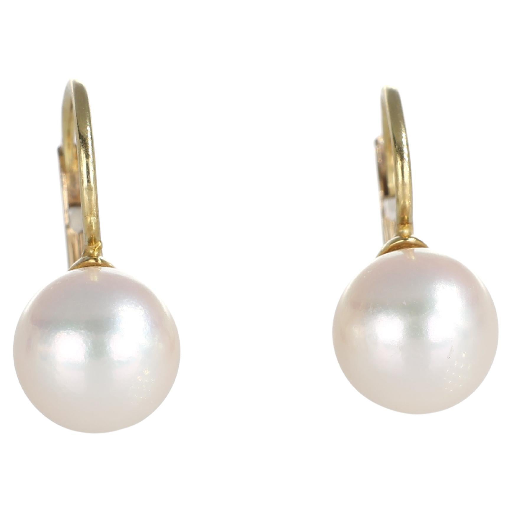 Yellow Gold Drop Pearl Earrings For Sale