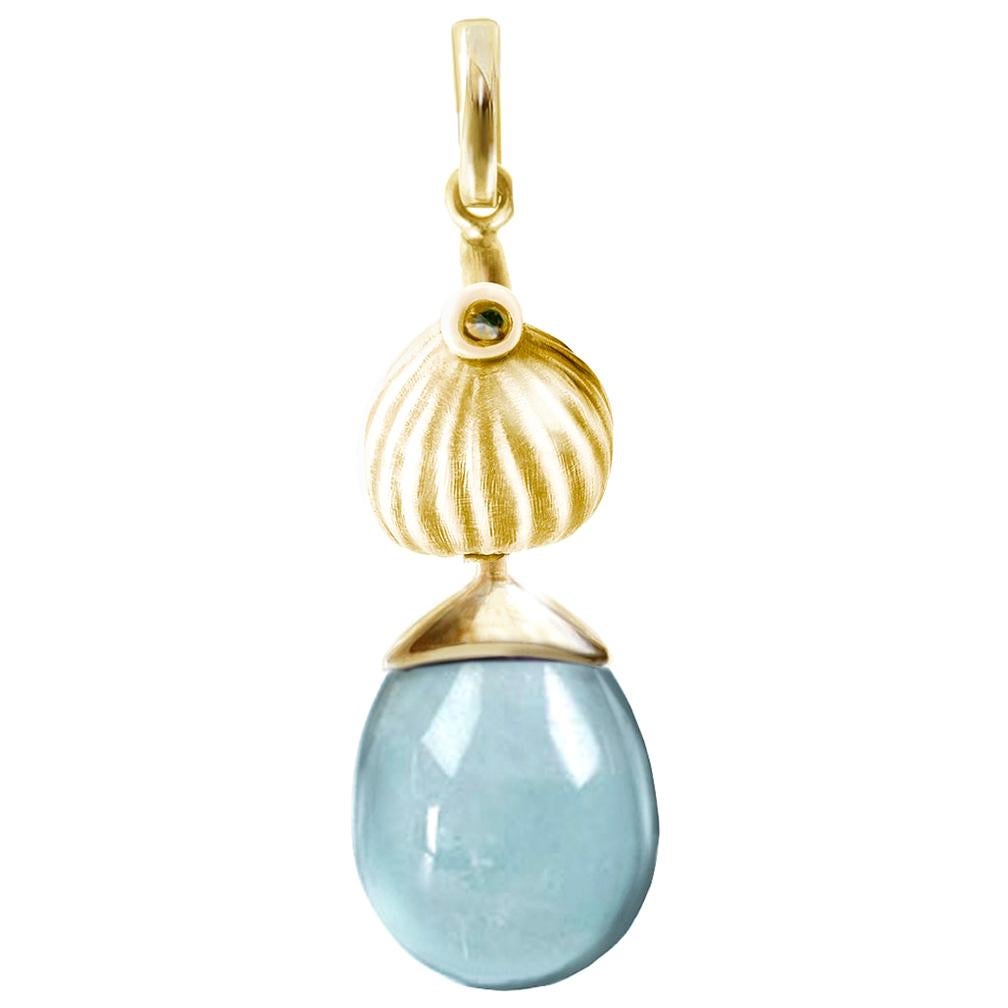 Yellow Gold Drop Pendant Necklace with Aquamarine by the Artist For Sale