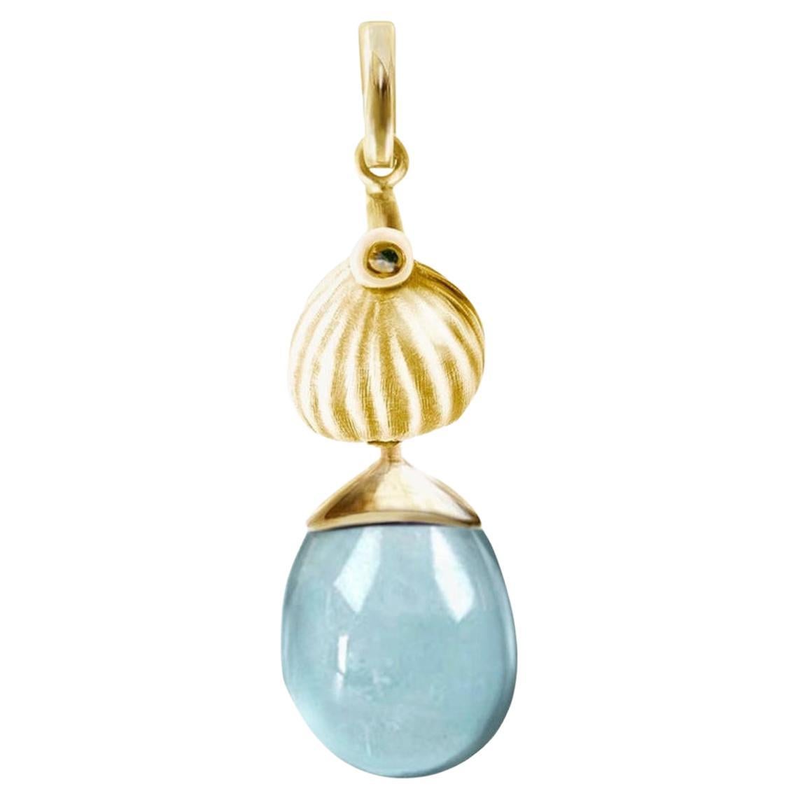 Yellow Gold Drop Pendant Necklace with Blue Topaz by the Artist For Sale