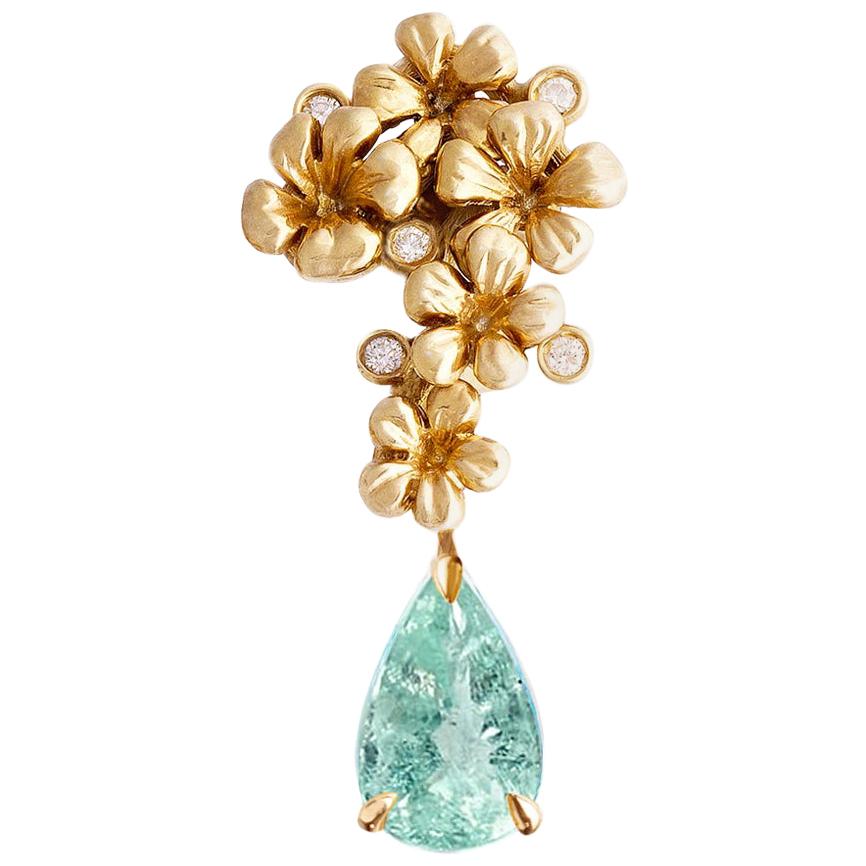 Yellow Gold Drop Pendant Necklace with Diamonds and Paraiba Tourmaline For Sale