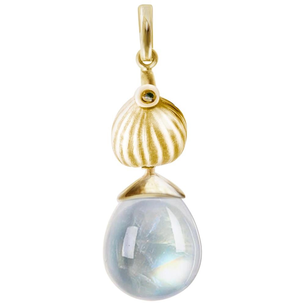 Yellow Gold Drop Pendant Necklace with Moonstone by the Artist For Sale