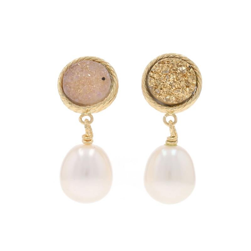 Metal Content: 14k Yellow Gold

Stone Information

Natural Druzy Quartz
Cut: Round

Freshwater Pearls
Color: White

Style: Mismatch Dangle
Fastening Type: Butterfly Closures
Features: Rope-Textured Border Detailing

Measurements

Tall: 1 1/8