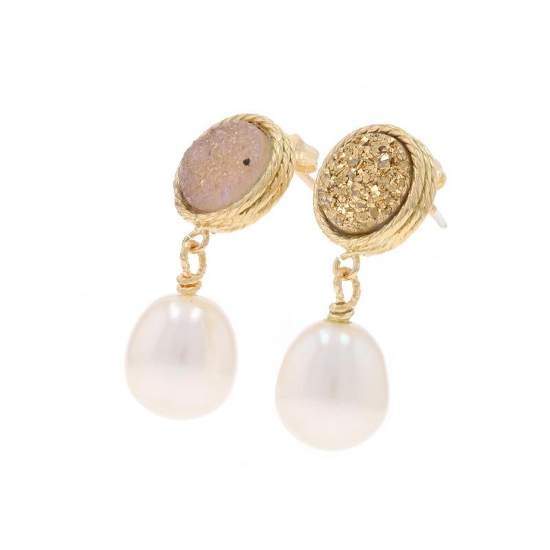Round Cut Yellow Gold Druzy Quartz & Pearl Mismatch Dangle Earrings - 14k Italy Pierced For Sale