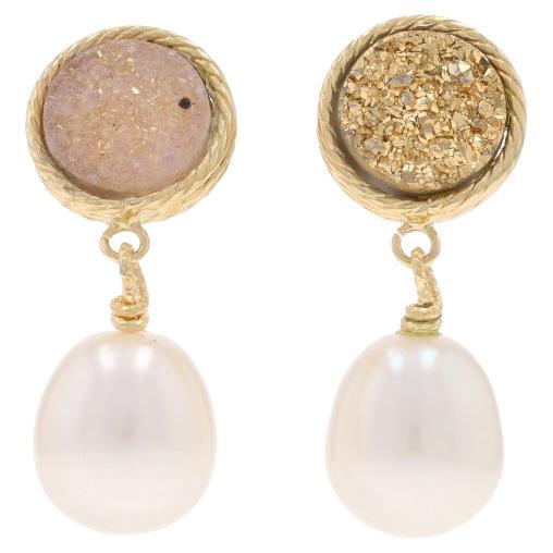 Pendientes Colgantes de Oro Amarillo Druzy Quartz & Pearl Mismatch - 14k Italia Pierced