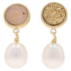 Yellow Gold Druzy Quartz & Pearl Mismatch Dangle Earrings - 14k Italy Pierced