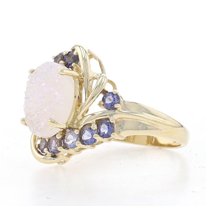 Oval Cut Yellow Gold Druzy Quartz & Tanzanite Bypass Ring - 10k Oval .96ctw For Sale