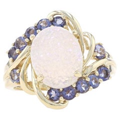 Antique Yellow Gold Druzy Quartz & Tanzanite Bypass Ring - 10k Oval .96ctw