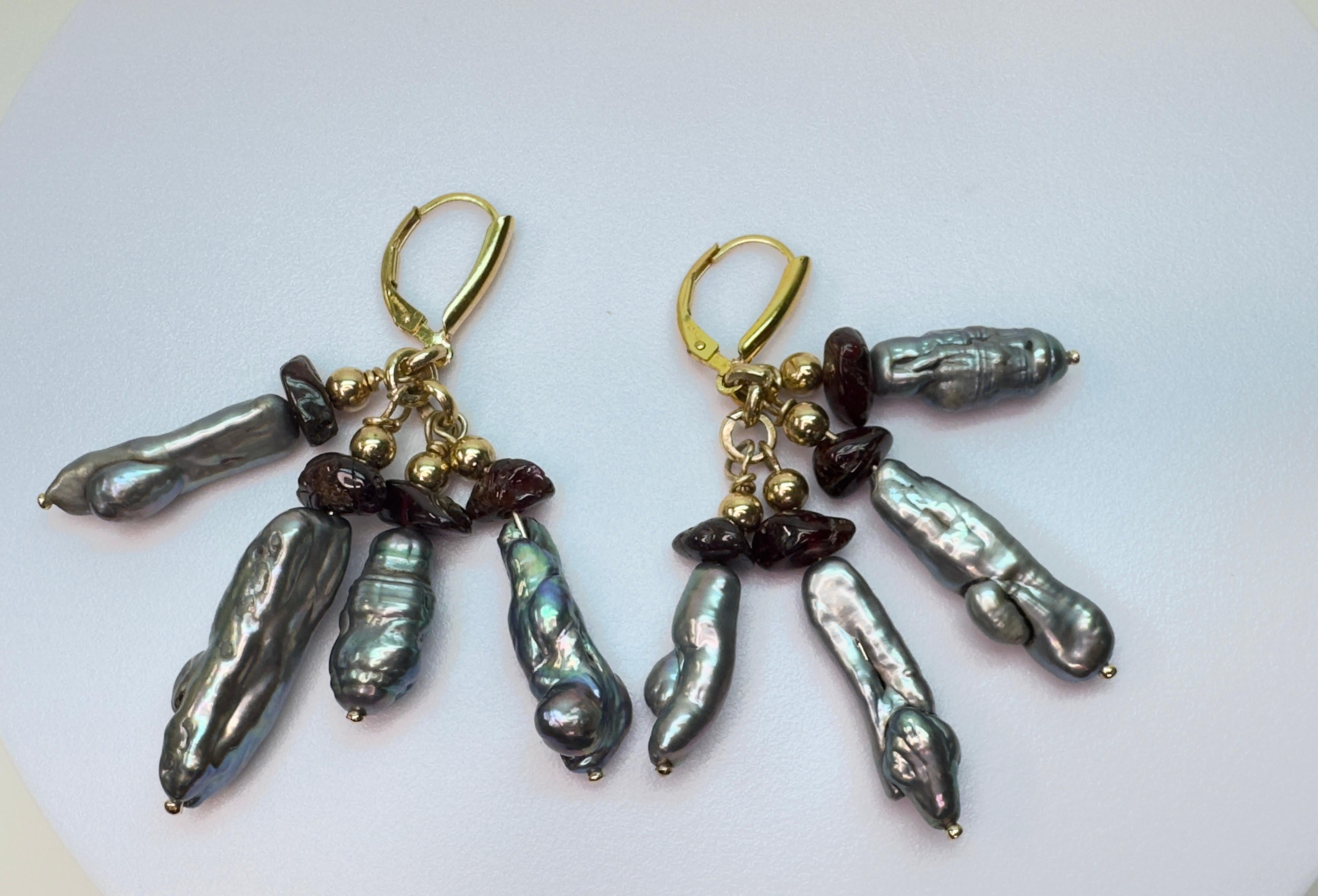 Women's or Men's Yellow Gold Dyed Biwa Pearl Dangle Earrings For Sale