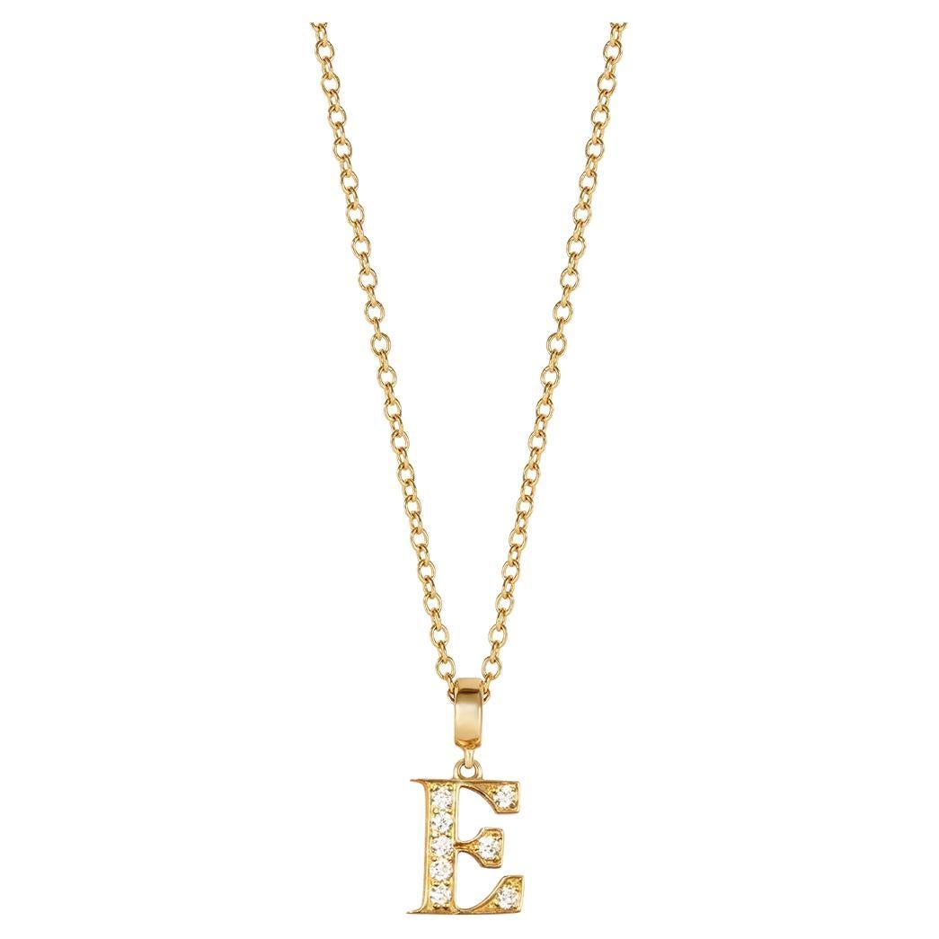 Yellow Gold E Letter Pendant with White Diamonds