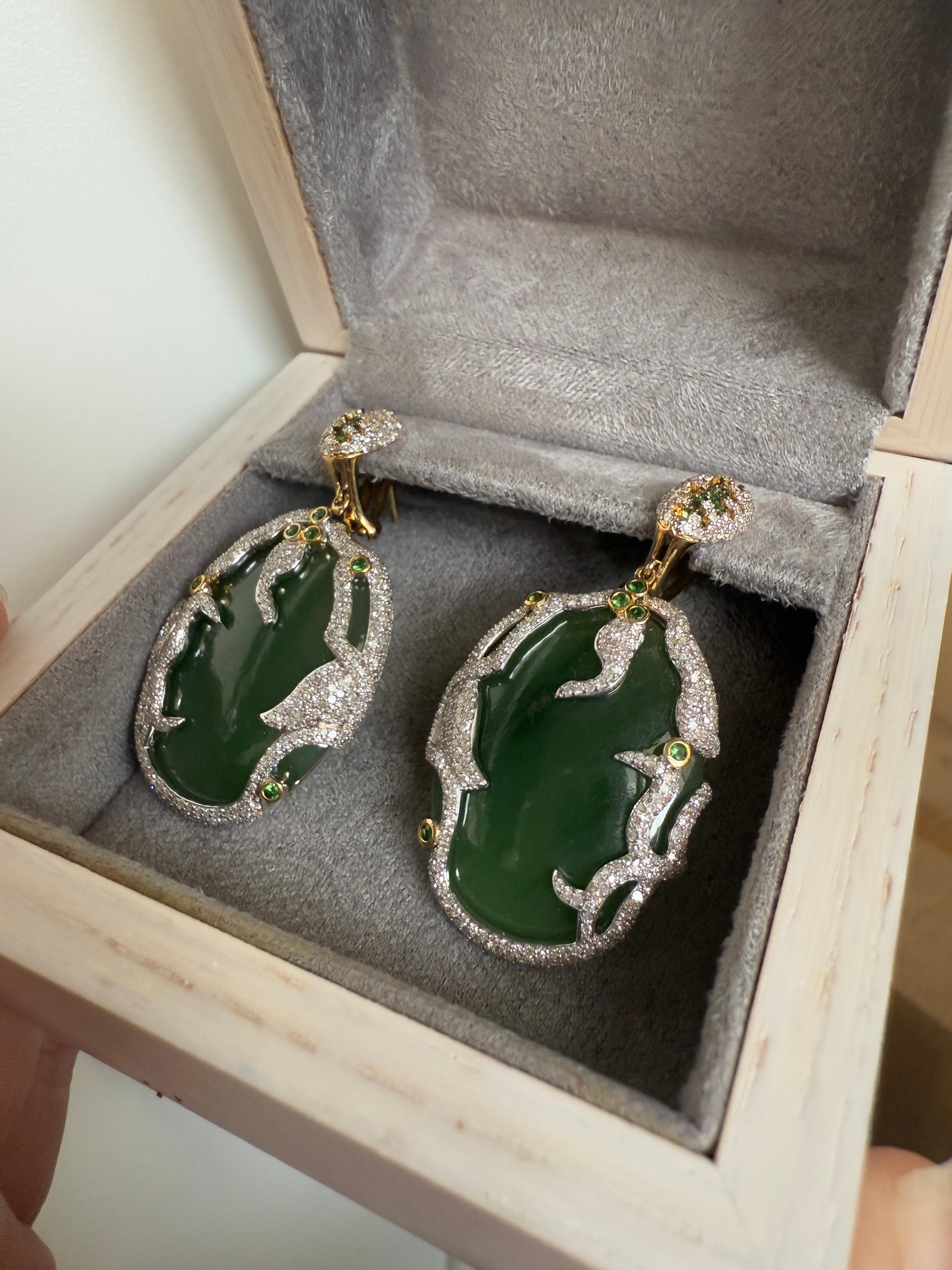 Yellow Gold Earrings in 18K with White Diamonds, Jade, and Tsavorites For Sale 5