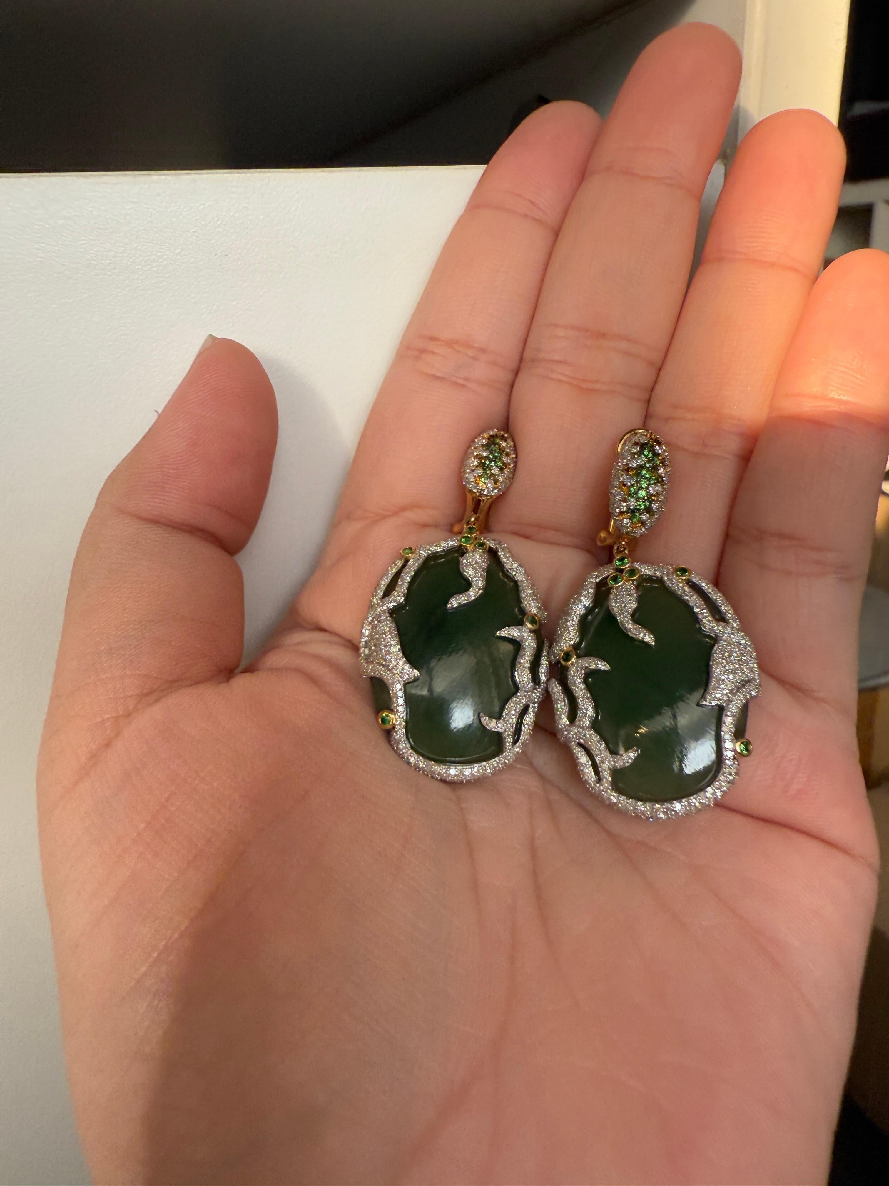 Yellow Gold Earrings in 18K with White Diamonds, Jade, and Tsavorites For Sale 7