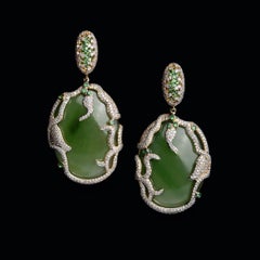 Yellow Gold Earrings in 18K with White Diamonds, Jade, and Tsavorites